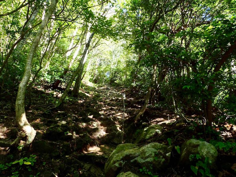 露岩は滑りやすい岩質-鎖が設置されている