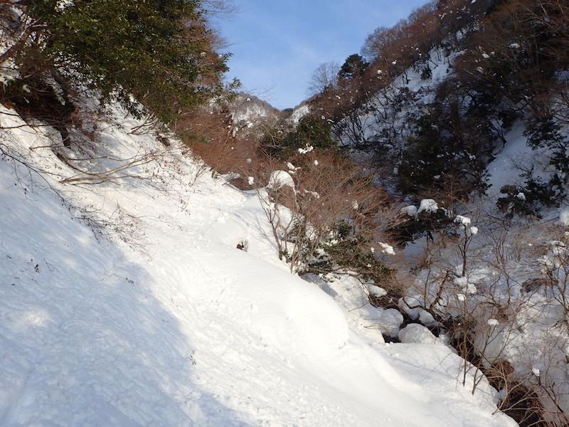 落雪とデブリで急斜面トラバースあり